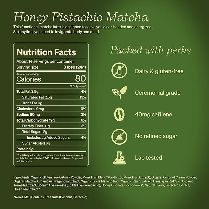 Clevr Blends Pistachio Matcha SuperLatte, Organic Ceremonial Grade, Instant Superfood Powder Blend with Lions Mane, Reishi Mushroom, Coconut Cream, Oat Milk, Ashwagandha, Serve Hot or Iced (14 Lattes)