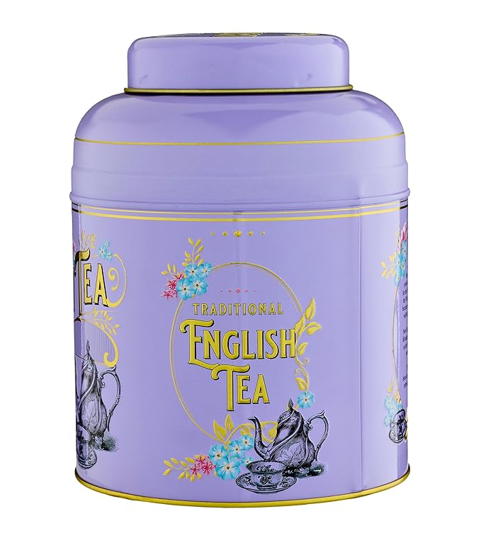 New English Teas VIntage Victorian Tea Caddy with 80 Earl Grey Teabags – Lilac – Forget Me Not Florals & Classic Tea Set Design