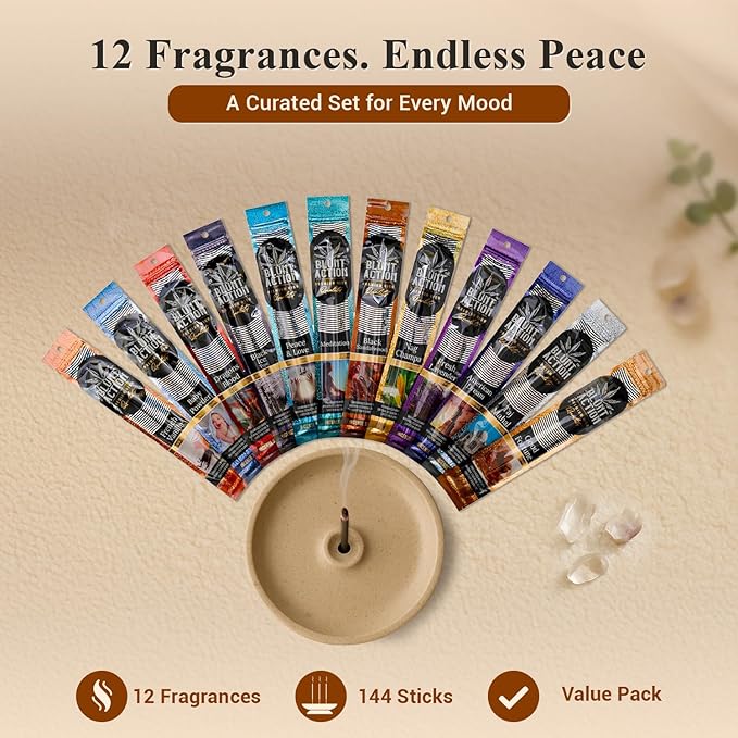 Tulasi Blunt Action Incense Sticks, 12 Packs, 144Pc, Long Lasting Fragrance, Natural Essential Oils Hand Rolled Incense Sticks for Aromatherapy, Relaxing, Yoga, Meditation, Prayer, Thanks Giving