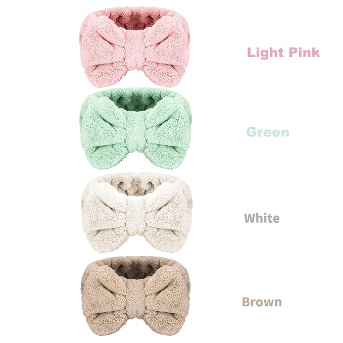 4 Pack Makeup Spa Headband Microfiber Bow Towel Soft Fluffy Washing Face Headband for Women Girls Shower Bath Skincare (Light Pink, White, Green, Brown)