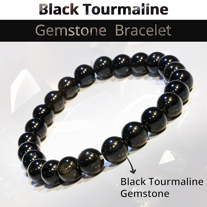 Black Tourmaline Bracelet, Natural Healing Crystal Bracelet for Women and Men, 8mm Round Beaded Bracelet for Spiritual, Protection, Positive Energy, Elastic Adjustable Size Gemstone Bead Bracelet