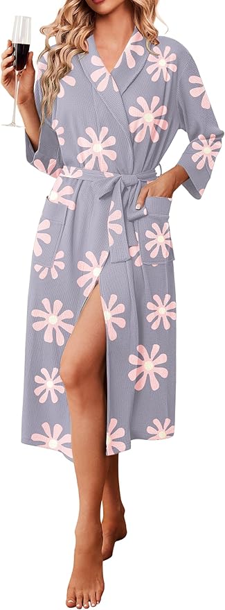 Ekouaer Robes for Women Long Waffle Knit Bathrobe Lightweight Kimono Robe Soft Shawl Collar Spa Robes with Pockets S-XXL
