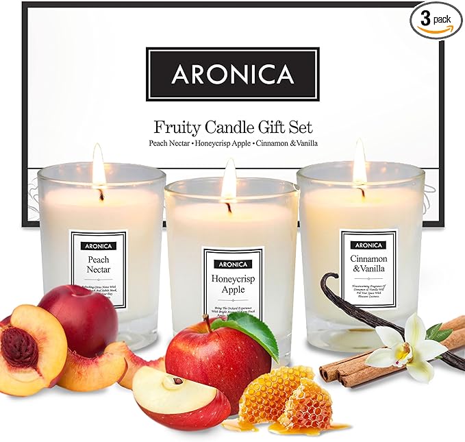 Aronica Fresh Fruity Candles Gift Set - Honeycrisp Apple, Peach Nectar, Cinnamon Vanilla, Baby Shower Game Prizes for Women Friend, Fall Candle Set for Autumn Gifts