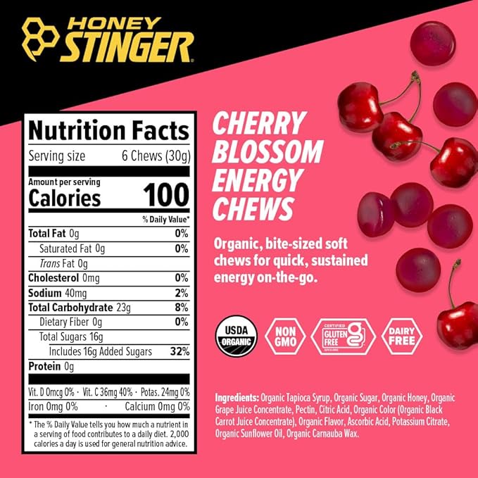 Honey Stinger Organic Cherry Blossom Energy Chew, Gluten Free & Caffeine Free, for Exercise, Running and Performance, Sports Nutrition for Home & Gym, Pre and Mid Workout, 12 Pack, 21.6 Ounce