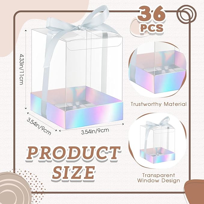 Cunno 36 Set 3.5 x 3.5 x 4.3 in Candle Package Transparent Gift Box 4-18 oz Handmade Tealight Candle Holder Bulk Paper Bottom Ribbon for Wedding Baby Shower Party Mug Cake Wine Glasses(Silver)