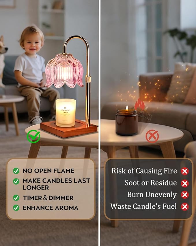 Candle Warmer Lamp with Timer Dimmable, Height Adjustable Birthday Gifts for Women Mom House Warming, Home Decor, Lotus Flower Candle Lamp Warmer 2 Bulbs Inc (Pink)