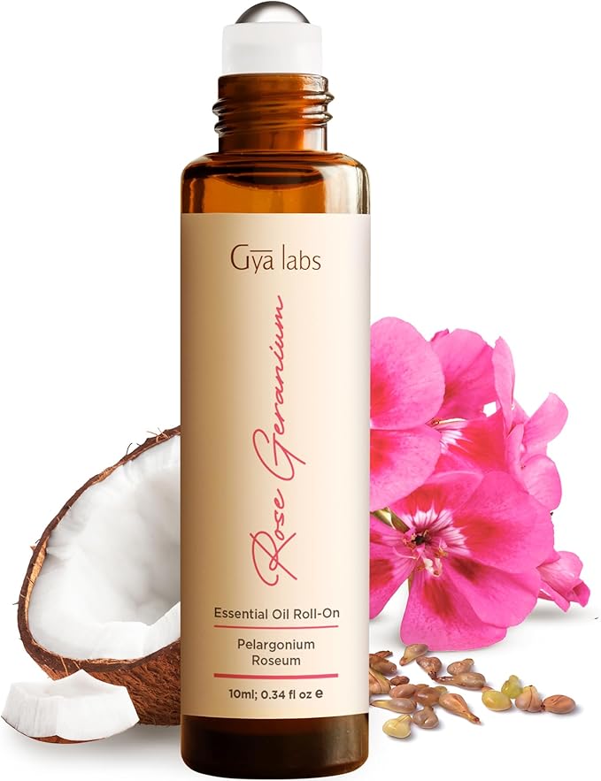 Gya Labs Rose Geranium Essential Oil Roll On - 0.34 Fl Oz - Travel Size Roller for Camping, Skin, Aromatherapy Relief, Convenience