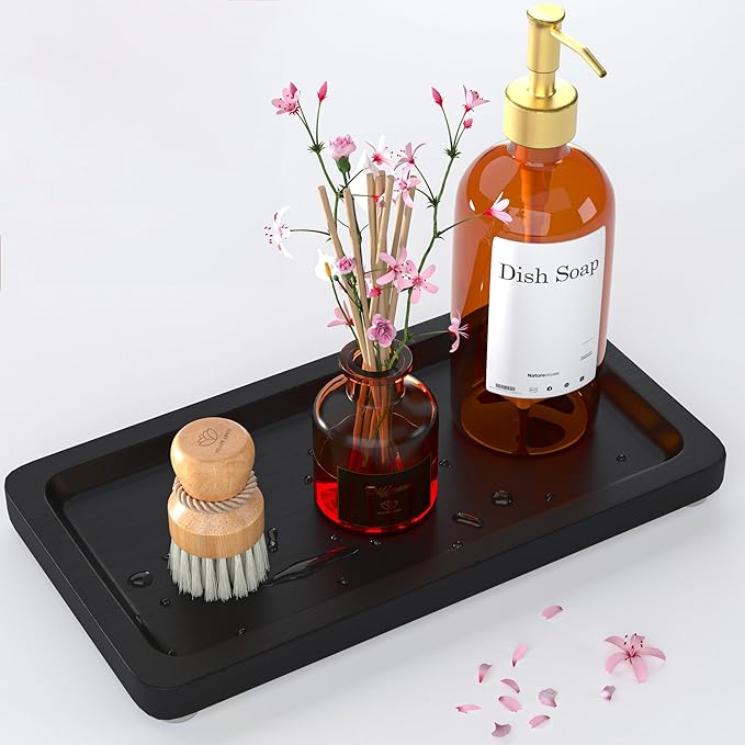 Black Bathroom Tray - Small Black Bamboo Wood Tray Decor for Vanity, Coffee Table, Cologne and Perfume Tray, Matte Black Bathroom Decor for Counter, Soap Dish, 9 inch