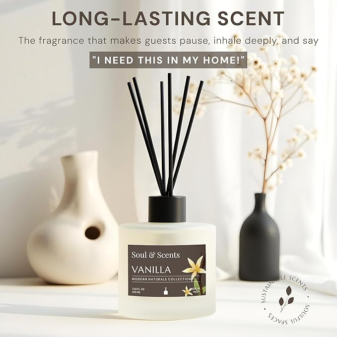 Soul & Scents Reed Diffuser Set – Vanilla | 7.43 oz Refillable Scented Oil with 6 Fiber Sticks | Long-Lasting Home Fragrance & Air Freshener for Bedroom, Bathroom, Office | Gift & Décor Piece