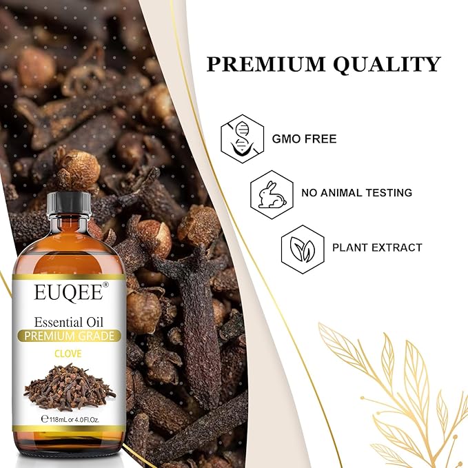 EUQEE Clove Essential Oil Large Capacity (4 oz/118 ml) Premium Clove Bud Oil - with Glass Dropper, Great for Diffusers, DIY Candle e & Soap Making