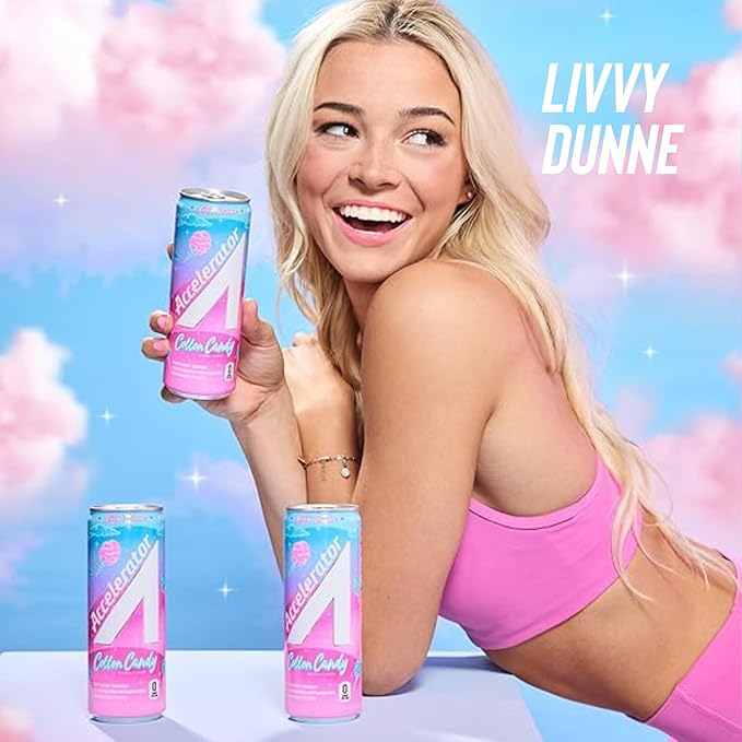 Accelerator Energy Drink Sugar Free, Cotton Candy 12oz can(12 pack) Zero Sugar Energy Drinks with Sustained Energy from 100% Natural Caffeine (200mg) & Green Tea extract