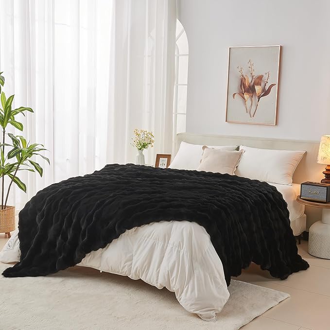 Lotus Karen Faux Fur Blanket - Black Twin Size, Big Bubble Rabbit Fluff, 60x80 Inches