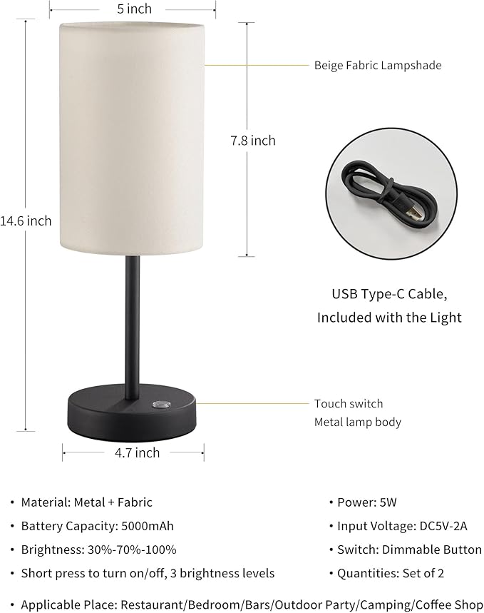 KDG Simple Cordless Table lamp, Portable Bedside 5000mAh LED Desk Lamp, 3 Brightness Levels Emergency Light, Linen Lampshade for Living Room, Bedroom, Dining Room, Night Light (Black)