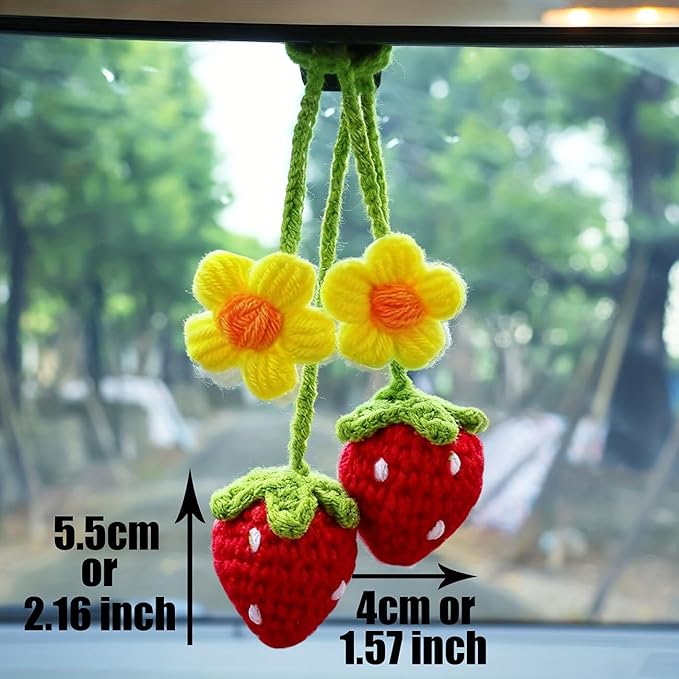 Crochet Strawberry and Flower Car Hanging Ornaments, Cute Aesthetic Rearview Mirror Hanging Accessories for Women and Girls, Handmade Polyester Fiber Car Decor 2-Pack (Red)