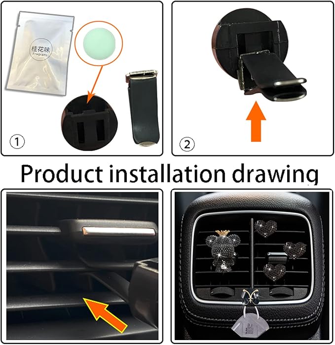 Black Heart & Bear Air Vent Clips, 4 Pcs Bling Heart Car Air Fresheners Diamond Car Diffuser Car Interior Decor Charm Cute Car Accessories Car Decoration for Women + Cute Butterfly Mask Hook