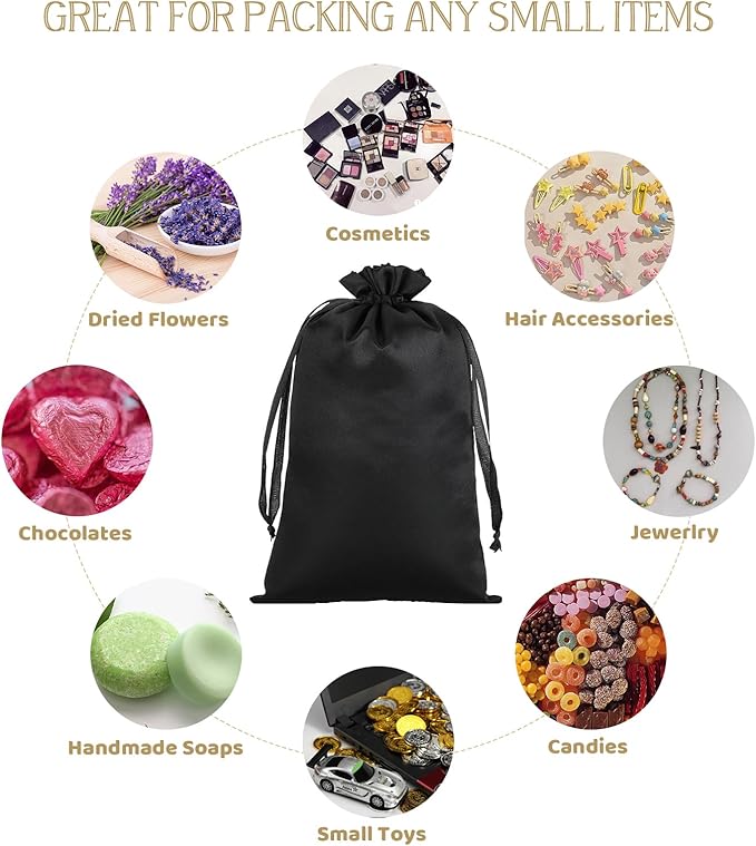 Black Gift Bags, 30Pcs 5x8 Satin Bags with Drawstring, For Kids Classroom, Wedding, Birthday, Halloween Party, Baby Shower, Rubics Cube, Candy, Dice, Coin, for Small Business