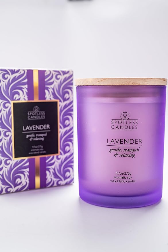 Lavender Candle - 9.7 oz /275g Lavender Scented Candle in Purple Glass Jar with Wooden Lid and Wooden Crackling Wick in a Luxurious Gift Box - Gentle, Tranquil and Relaxing