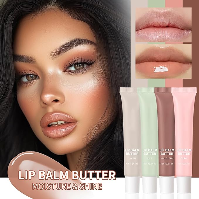 4 Colors Butter Lip Balm Lip Tint Hydrating Lip Gloss, High Shine Nude Color Hydrating Finish Lip Glow Oil (4 Flavors)