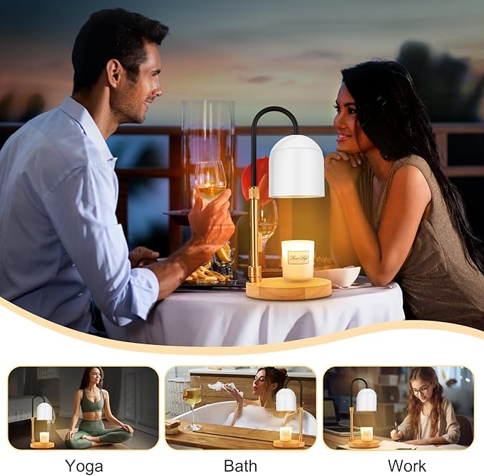Candle Warmer Lamp with Timer & 3 Bulbs, Dimmable Electric Candles Light Adjustable Height and Brightness, Candle Wax Warmer for Jar Bedroom Home Decor House Warming Gift (Round White)