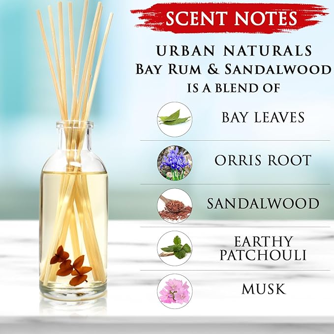 Urban Naturals Bay Rum & Sandalwood Reed Diffuser Scent Sticks Gift Set | Powdery Bay Rum, Sandalwood, Earthy Patchouli & Musk | A Bold, Spicy, Masculine Scent | Smells Like an Old Time Barber Shop