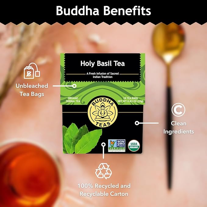 Buddha Teas - Holy Basil - Organic Herbal Tea - For Cognitive Balance & Overall Health - Ayurvedic Tulsi - With Antioxidants - Caffeine Free - 100% Kosher & Non-GMO - 18 Tea Bags (Pack of 1)