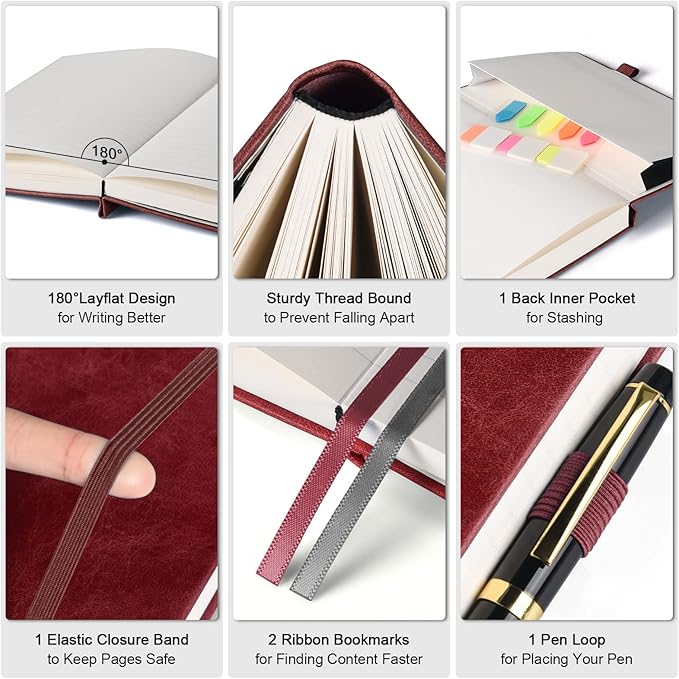 College Ruled Notebook, Large B5 Hardcover Leather Journal, 312 Numbered Pages Writing Journal, 100gsm No Bleed Paper, Lined Journal Notebook for Women Men School Office, 7.6'' X 10'', Burgundy