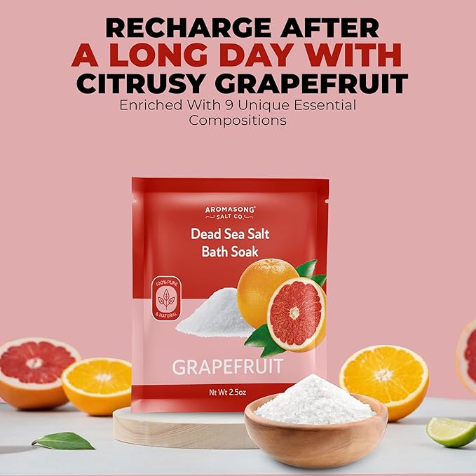 Aromasong Pure Dead Sea Salt 100% Natural Grapefruit Essential Oil – 2.5 oz. Spa Bath Salt Fine Grain- Christmas Stocking Stuffers for Adults, Kids, Women, and Mens soak Stocking Stuffers for Adults