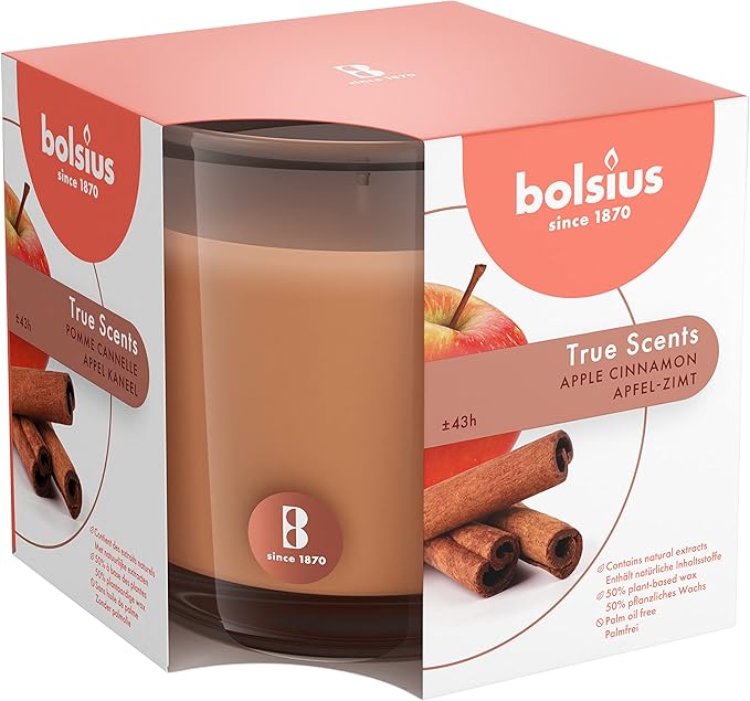 Bolsius Apple Cinnamon Scented Candle - Premium Long-Lasting Jar, 43+ Hours Burn Time - Natural Plant-Based Wax, Smokeless, Clean-Burning Aromatherapy - Large 8oz Glass Jar