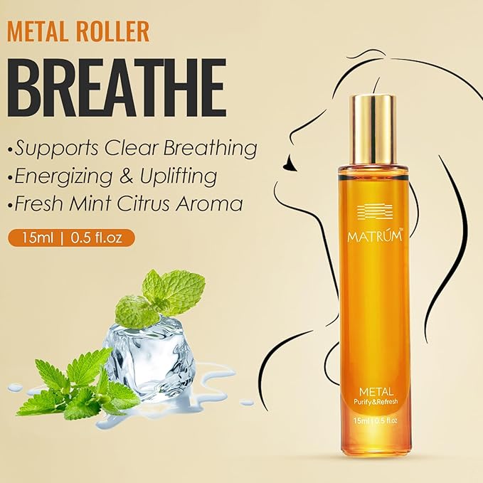 MATRUM Breathe Essential Oil Roll On, 100% Pure Fresh Mint Citrus Aromatherapy Blend Oil for Clear Breathing & Uplifting, Headache Relief, Calm & Focus, Metal Roller, 0.5 Fl Oz