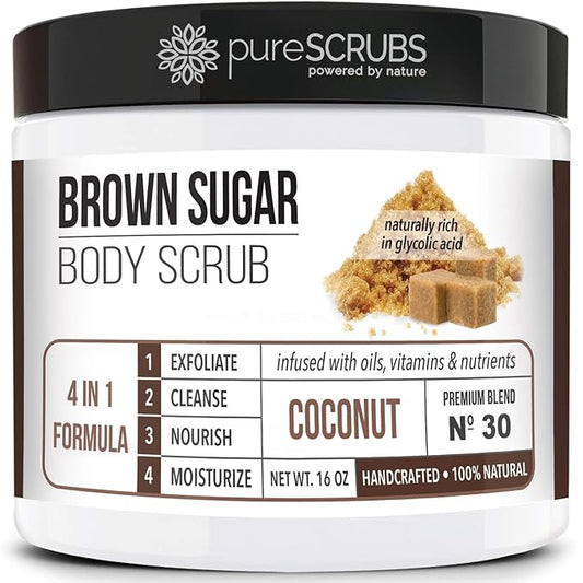 pureSCRUBS Premium Coconut Brown Sugar Scrub | Face, Feet & Full Body Scrub | Large 16oz Jar Includes Wooden Spoon, Loofah & Mini Exfoliating Bar Soap