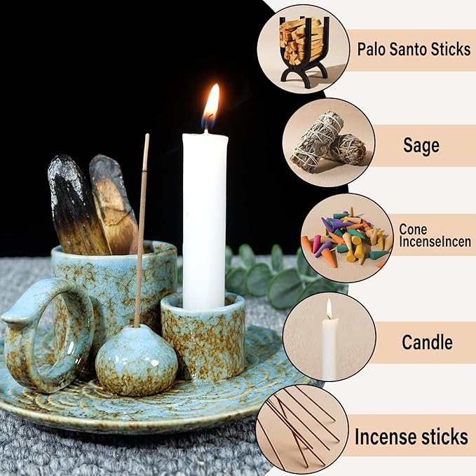 5-in-1 Ceramic Palo Santo Burner Holder Blue -Small Candle Holder & Smudge Burning Tray Bowl,Fits Incense Sticks/Cones, Sage.Zen Altar for Meditation Room, Aromatic Scents, Matches Compatible