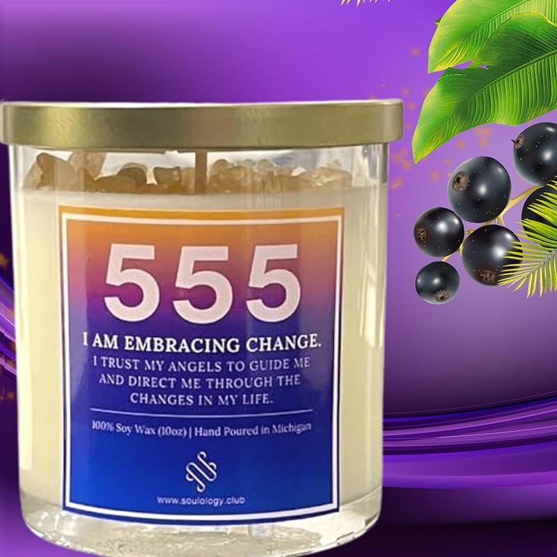555 Angel Number Candle, 10oz, Crystal candle, 100% Soy Wax & Phthalate-Free Fragrance candles, Gifts candles for women, Angel Number Gift, Healing Candle, Spiritual Candle