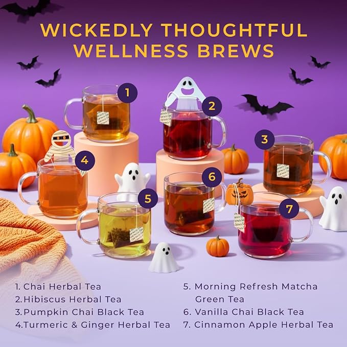 Gya Tea Co Halloween Assorted Tea Bags Variety Pack - 20 Bags 7 Seasonal Flavors - Caffeinated & Caffeine Free Holiday Tea Sampler Gift Set Box - Easy Brew, Natural Ingredients, Enjoy Hot or Iced