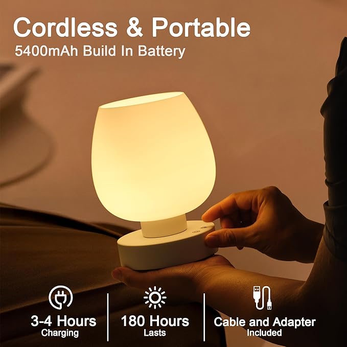 Cordless Touch Bedside Table Lamp set of 2 - Rechargeable Modern Small Table Lamp with White Glass Lamp Shade, Stepless Dimmable & 8 RGB Colors & Memory, Desk Lamp for Nursery Bedroom Nightstand