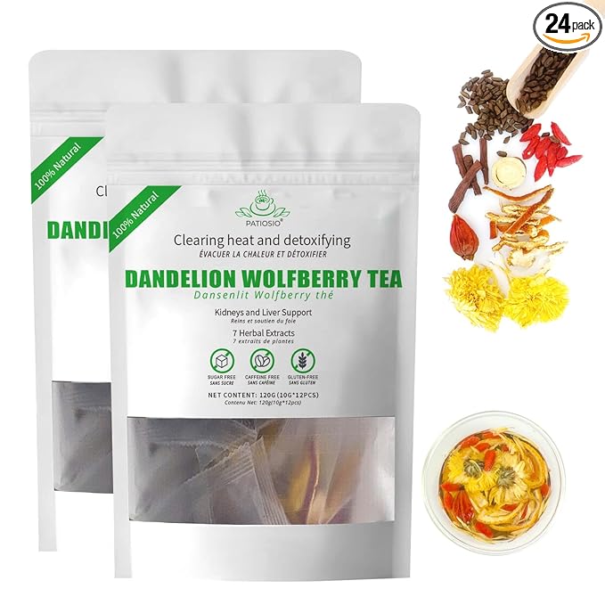 Dandelion Wolfberry Tea, Kidneys & Liver Health Tea with Seven Herbal Ingredients, Chinese Wolfberry Tea Bags 120g/12pcs (2Bags(24pcs))