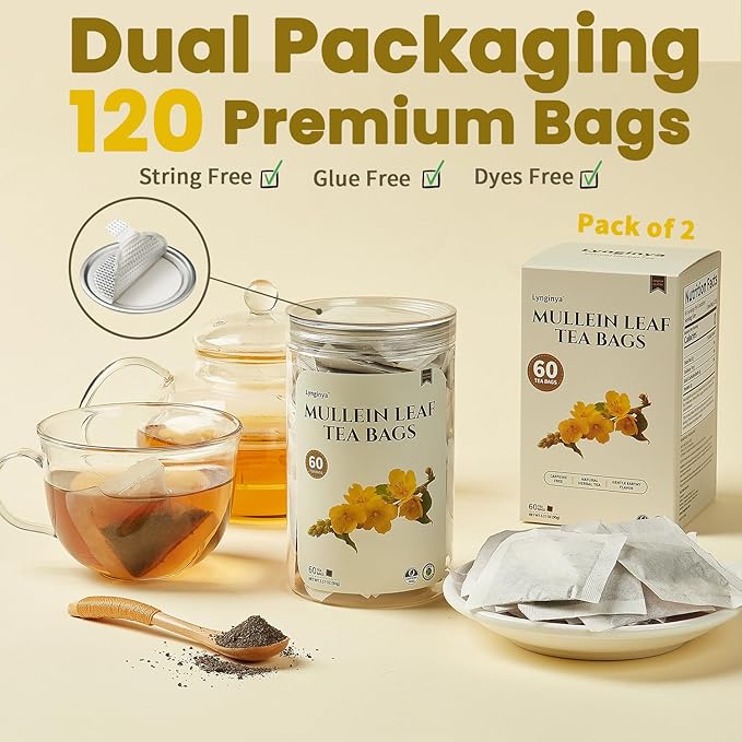 Lynginya Mullein Leaf Tea Bags, 60 Tea Bags (Pack of 2) - Premium Mullein Leaf - Natural Herbal Tea - Earthy & Mild - No Sugar & No Caffeine - Total 120 Bags