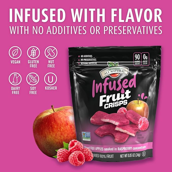 Brothers All Natural Infused Freeze Dried Fruit Crisps, Fuji Apple Infused with Raspberry, 0.85 Oz (Pack of 8), Made with 100% Fruit, Gluten Free, Soy Free, Vegan, Heathy Snack, Resealable Pouch
