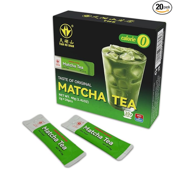 TIAN HU SHAN Matcha Green Tea Sticks, Portable Matcha Powder Unsweetened No Additives, Suger Free, Single Serve 20 Count