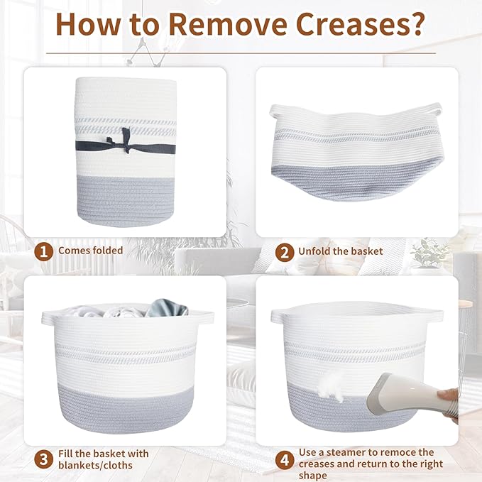 55L Woven Cotton Rope Storage Basket with Handles: 17.7"x13.7" Laundry Hamper for Clothes, Blanket Baskt, Nursery Storage and Laundry Basket for Toys, Towels, Books, Light grey