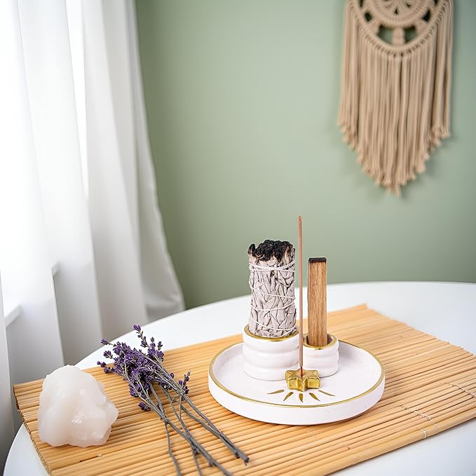 Ceramic Incense Holder Burner, Sage Holder for Burning, Palo Santo Sticks Holder, 5.51" Ash Catch Tray, Smudge Dish for Meditation Yoga, Modern Home Decor Gift