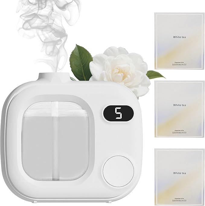 Cute Mini Aromatherapy Diffuser - Ultrasonic Essential Oil Difusor with 5 Mist Levels Smart Scented Cordless Air Fragrance Machine for Home Office Bathroom Hotel and Car White Tea