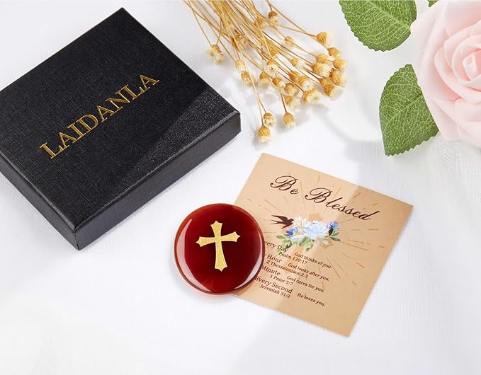LAIDANLA Red Agate Cross Engraved Healing Crystal Worry Stones for Pray Faith Anxiety Relief Oval Palm Stone Polished Natural Crystal Gifts