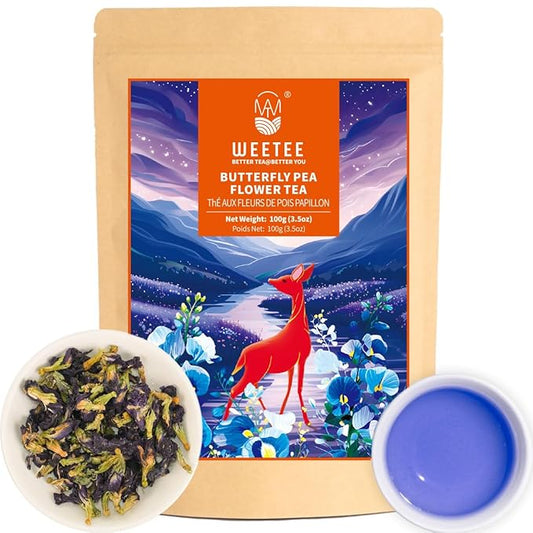 WT WEETEE Butterfly Pea Flower Tea Loose Leaf, 100% Natural & Pure from Whole Dried Butterfly Pea Flowers, Caffeine Free Herbal Tea For Blue & Purple Drinks