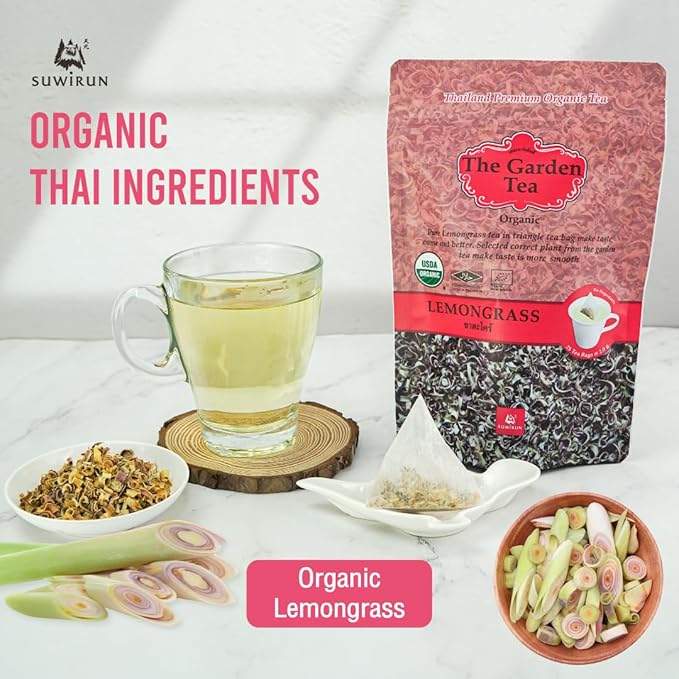 Suwirun Organic Lemongrass Tea 25 Bags – Product of Thailand – Citrusy & Refreshing Herbal Tea, Caffeine-Free, No Calories, Soothes Throat & Aids Digestion, Enjoy Hot or Cold