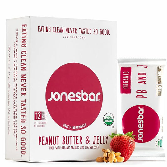 JONESBAR (Peanut Butter and Jelly, 12 Count (Pack of 1)), USDA Organic Fruit & Nut Bar, Non-GMO, Kosher, Vegan, Gluten Free, Simple Snack Bar