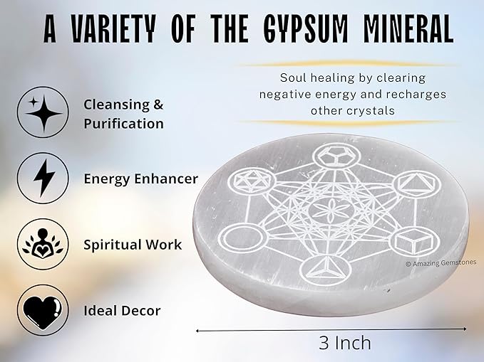 Amazing Gemstone Selenite Crystal Charging Plate For Crystals And Healing Stones, 3" Selenite Crystal Plate Engraved Metatron Platonic Solid Coaster For Home, Office Table Decor (Selenite Round Disc)