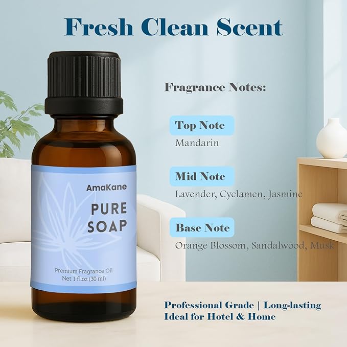 AmaKane Pure Soap Fragrance Oil 30ml, Clean Essential Oil for Laundry, Premium Diffuser Oil for Home, Long-Lasting Aromatherapy Oil for Candle, Soap & DIY Making