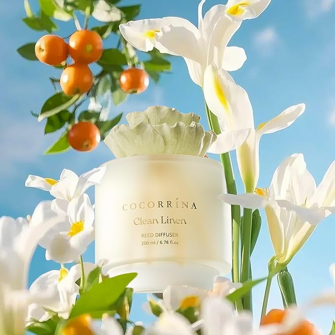 COCORRÍNA Gypsum Flower Reed Diffuser Set for Bathroom Décor – Clean Linen Scent, 6.76 oz with Sticks & Oil – Home Fragrance for Bathroom & Living Space