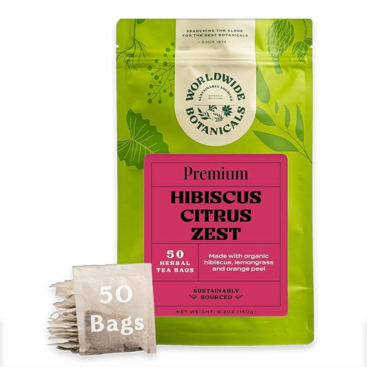 Worldwide Botanicals Hibiscus Citrus Zest Herbal Tea, 50 Tea Bags - Organic, Caffeine Free, Kosher, 50% More Herbs - 50 Tagless Eco-Friendly Tea-Bags