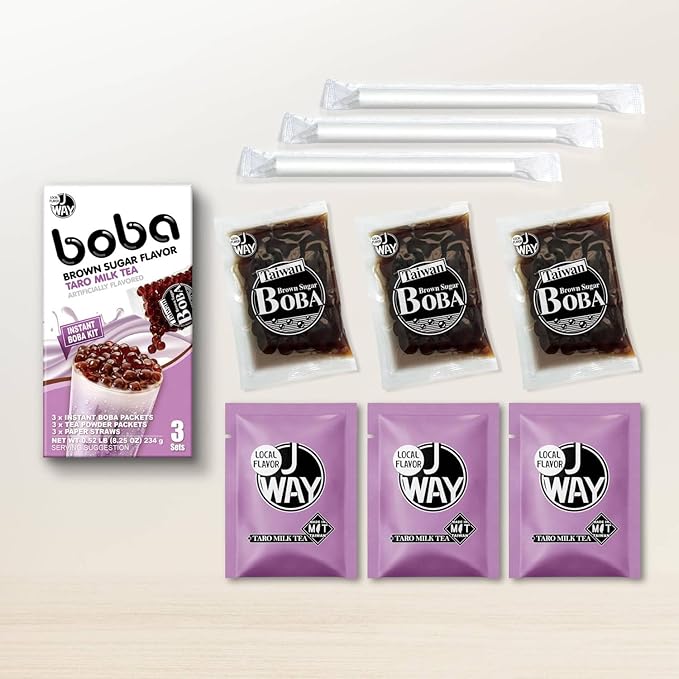 J WAY Instant Boba Bubble Pearl Taro Milk Tea Kit with Authentic Brown Sugar Tapioca Boba, Ready in Under One Minute, Paper Straws Included - 3 Servings